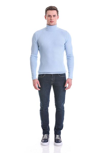 Hatemoğlu Blue Slim Fit Ribbed Turtleneck Wool Knitwear Sweater