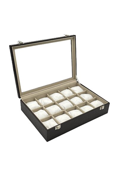 Zeyn Dekor Κουτί ρολογιών με γυάλινο κάλυμμα, 15 θέσεων, καρό δερμάτινο φινίρ...