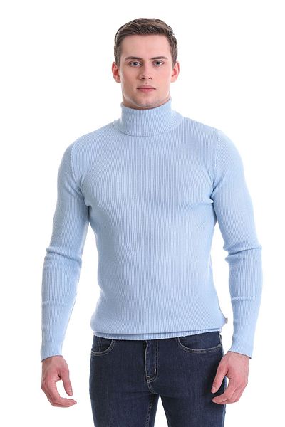 Hatemoğlu Blue Slim Fit Ribbed Turtleneck Wool Knitwear Sweater