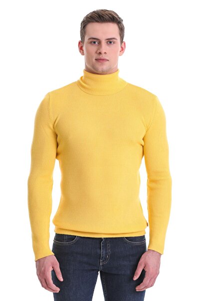 Hatemoğlu Sarı Slim Fit Fitilli Balıkçı Yaka Yünlü Triko Kazak