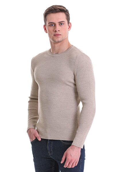 Hatemoğlu Beige Slim Fit Corded Crew Neck Wool Knitwear Sweater