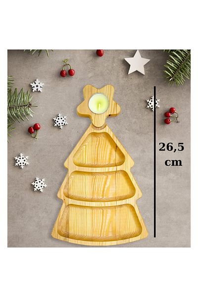 Multiamo Wooden Pine Tree Snack Bowl 3 Compartments Decorative Serving Plate with Candle Holder Single