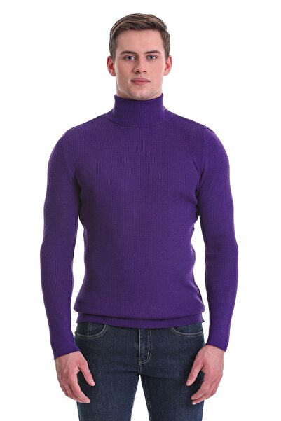 Hatemoğlu Mor Slim Fit Fitilli Balıkçı Yaka Yünlü Triko Kazak
