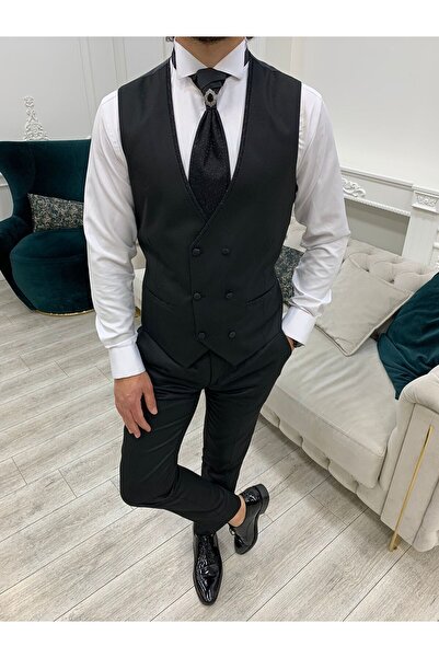 LONATOLİA Men's Tuxedo Groom Suit Glitter Swallow Collar Italian Cut Slim Fit Jacket Vest Pants Bow Tie-Black