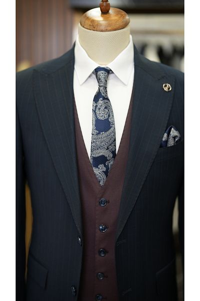 LONATOLİA Men's Premium Combination Suit Italian Cut Slim Fit Jacket Vest Trousers-Navy Blue