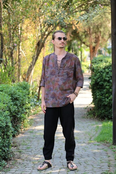 Şaman Butik Koyu Kahverengi Desenli Yakası Bağcıklı Bohem Erkek Gömlek