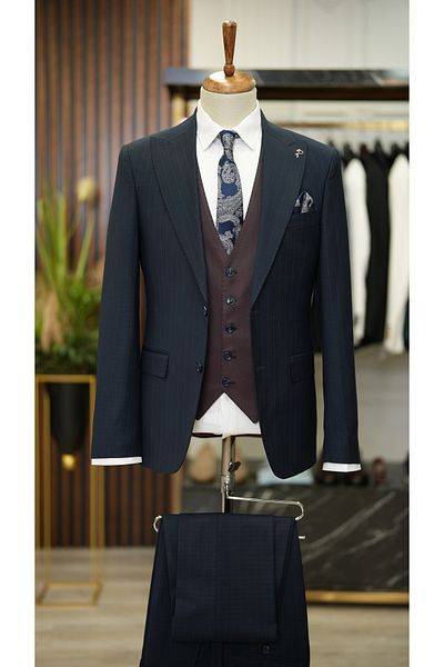LONATOLİA Men's Premium Combination Suit Italian Cut Slim Fit Jacket Vest Trousers-Navy Blue