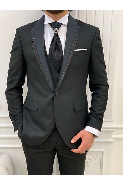 LONATOLİA Men's Tuxedo Groom Suit Glitter Swallow Collar Italian Cut Slim Fit Jacket Vest Pants Bow Tie-Black