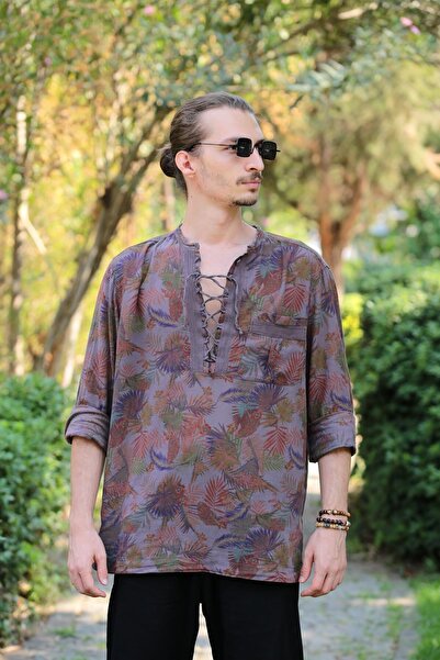 Şaman Butik Koyu Kahverengi Desenli Yakası Bağcıklı Bohem Erkek Gömlek