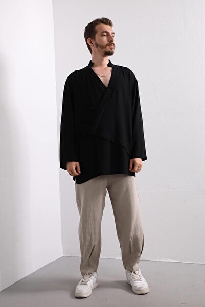 Şaman Butik Siyah V Yaka Asimetrik Kesim Keten Gömlek