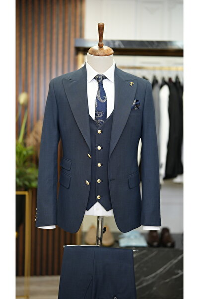 LONATOLİA Erkek Takım Elbise Metal Düğme Kırlangıç Yaka İtalyan Kesim Slim Fit Ceket Pantolon