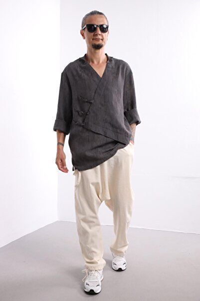 Şaman Butik Antrasit Desenli Asimetrik Kesim Keten Gömlek