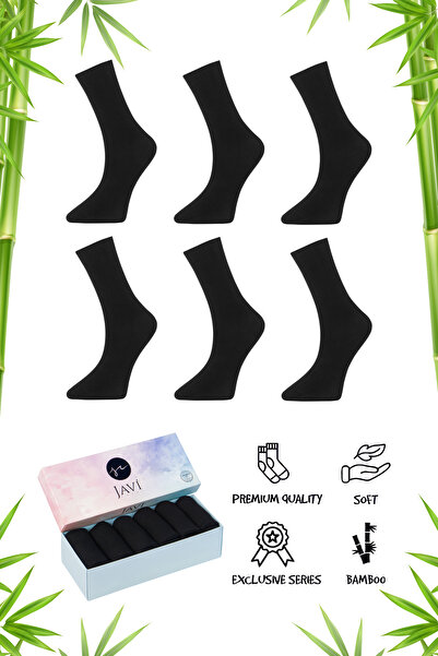 javi Bambu Siyah Kadın Soket Çorap Dikişsiz Premium Kutulu Çorap 6'lı
