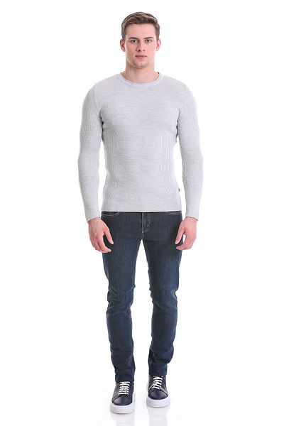 Hatemoğlu Gray Slim Fit Corded Crew Neck Wool Knitwear Sweater