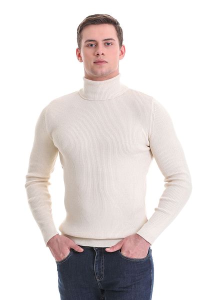 Hatemoğlu Beige Slim Fit Ribbed Turtleneck Wool Knitwear Sweater