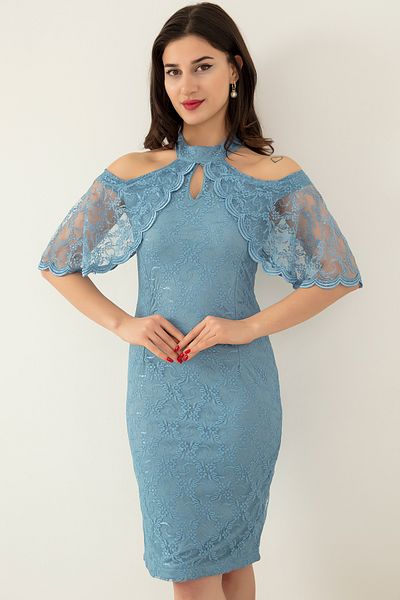 PULLIMM Lace Shoulder Detailed Short Evening Dress 13327