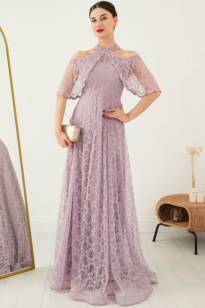 PULLIMM Shoulder Detail Long Lace Evening Dress 13328