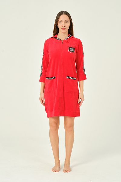 İntensive women's hooded stripe and letter detail zipper dress