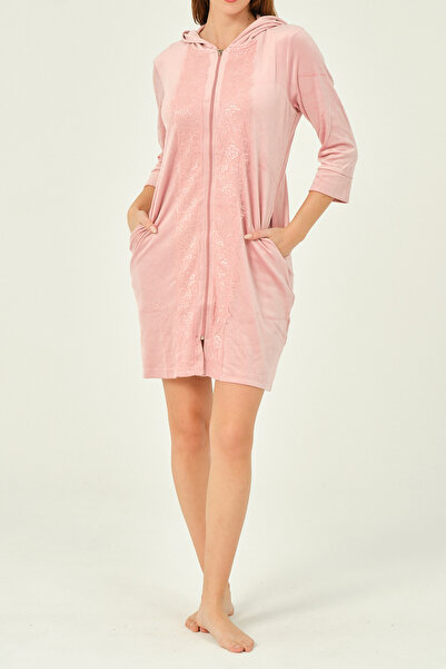 İntensive kadın kapüşonlu fermuarlı cepli dantel detaylı kadife elbise