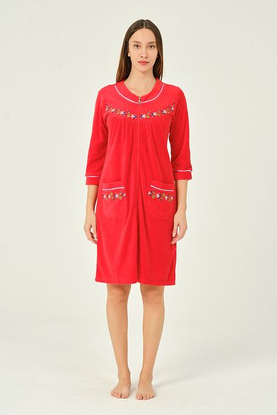İntensive Women's Zippered Embroidery Detailed Cotton Velvet Dress