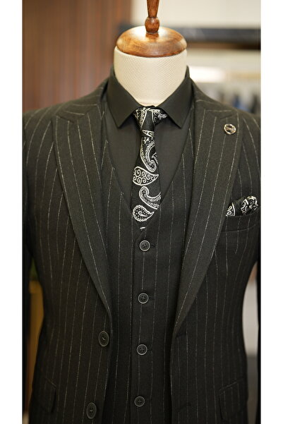 LONATOLİA Erkek Çizgili Takım Elbise Stil Slim Fit Ceket Yelek Pantolon