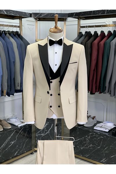 LONATOLİA Men's Tuxedo Groom Suit Swallow Collar Italian Style Slim Fit Jacket Vest Pants Bow Tie-Beige