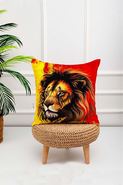 menesahome Menesa Home Lion Patterned Red Colored Special Design Digital Printed Throw Pillow Cover