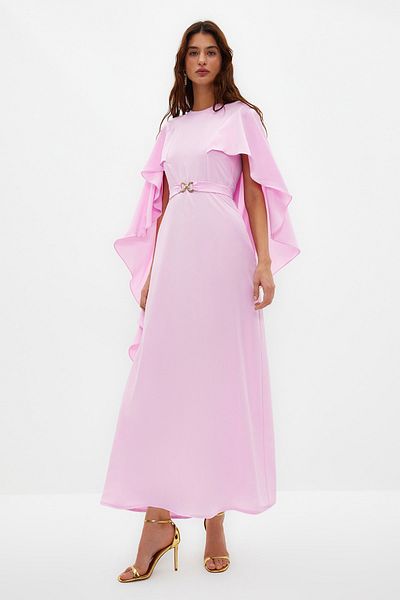 Trendyol Modest Lilafarbenes Cape mit Gürtel, detailliertes, elegantes gewebtes Abendkleid TCTSS24DB00003