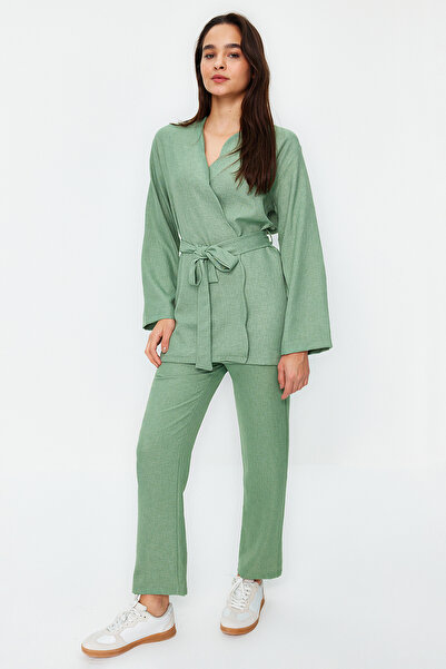 Trendyol Modest Khaki Belted Linen Look Kimono Trousers Woven Bottom Top Set TCTSS24US00005