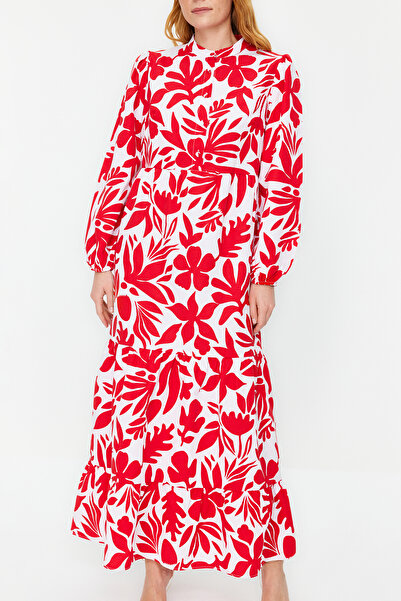 Trendyol Modest Dlaždice vzorované polopatchworkové široké bavlněné tkané šaty TCTSS23EB00222