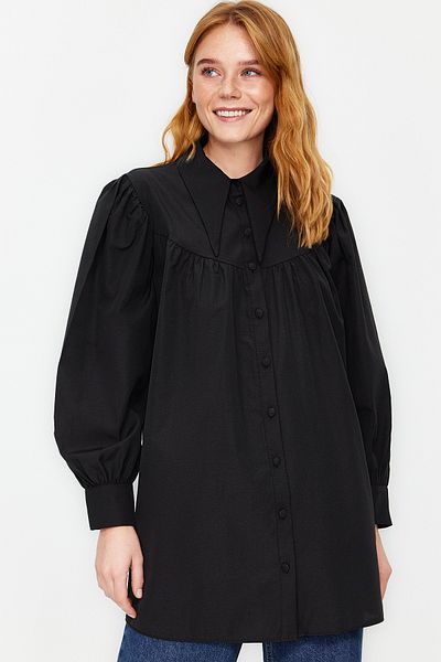 Trendyol Modest Black Collar Detailed Relaxed Fit Cotton Woven Shirt TCTSS24TG00016