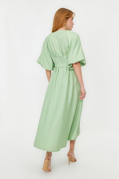 Trendyol Modest Zöld vászon szőtt ingruha - öves és félballonos ujjú TCTSS24EB00014