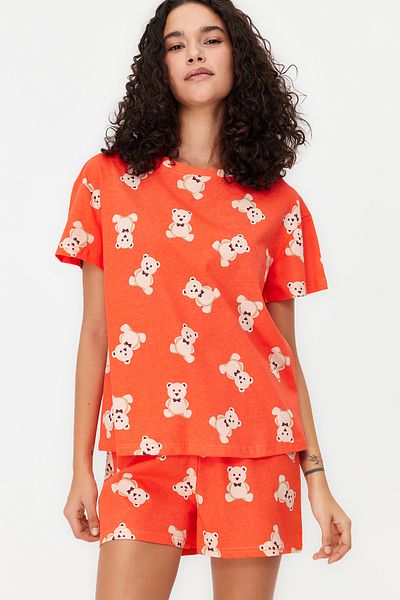 Trendyol Collection 100% bawełny, cynamonowy kolorowy zestaw piżamowy z misiem Teddy Bear - koszulka i spodenki Thmss23Pt00005