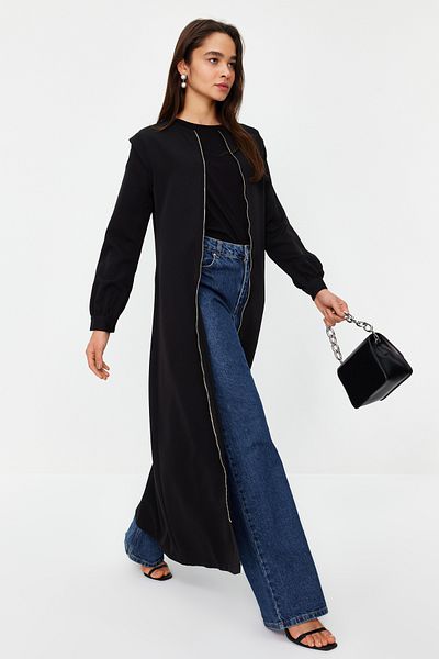 Trendyol Modest Black Full Length Zipper Crepe Cap Maxi Dress TCTAW24EB00085