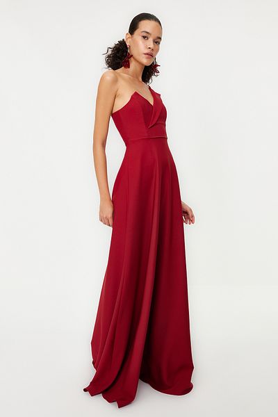 Trendyol Collection Bordó A-szabású gallérral részletezett hosszú estélyi ruha TPRSS19UT0054