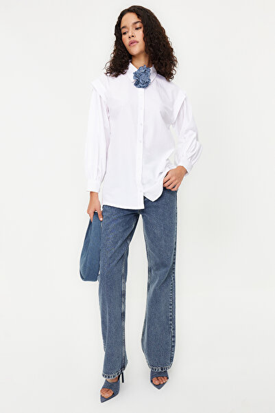 Trendyol Modest Bavlněná tkaná košile s balonovým rukávem Ecru TCTSS24TG00023