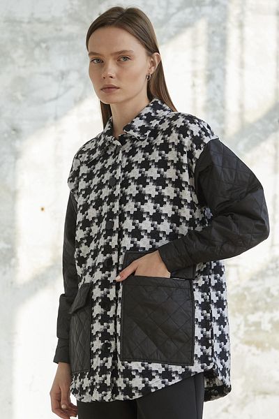 InStyle Houndstooth Pattern Quilted Jacket - Black