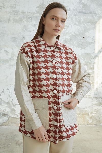 InStyle Houndstooth Pattern Quilted Jacket - Tile