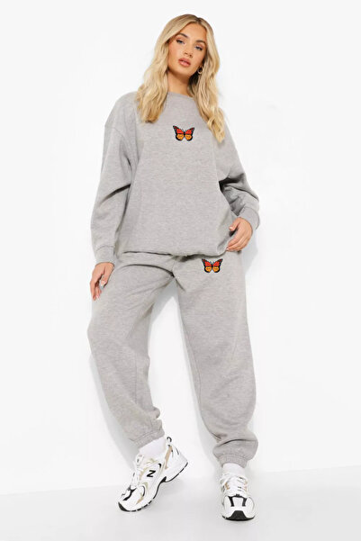 bellanova Butterfly Printed Women's Sweatshirt and Sweatpants Set - Pink