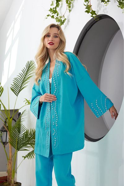 MİA NOURA woven-wavy-fabric-with stones-kimono-pants-set