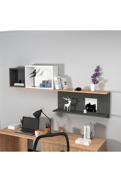 ARNETTİ Akser Atlantic Pine Anthracite White 3-Compartment Wall Shelf – Decorative Bookshelf and Shelf Unit