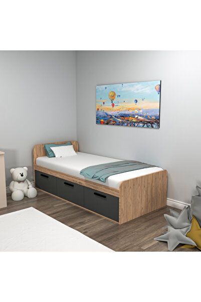 ARNETTİ Akser Atlantik Çam Antrasit Karyola – 90x190 Tek Kişilik Yatak Uyumlu, Dolaplı Genç Karyolası