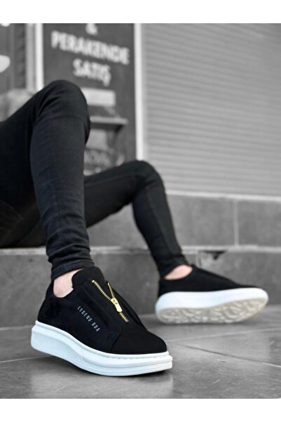 BOA BA0310 BOA Thick Suede High Sole Zippered Black and White Men's Shoes