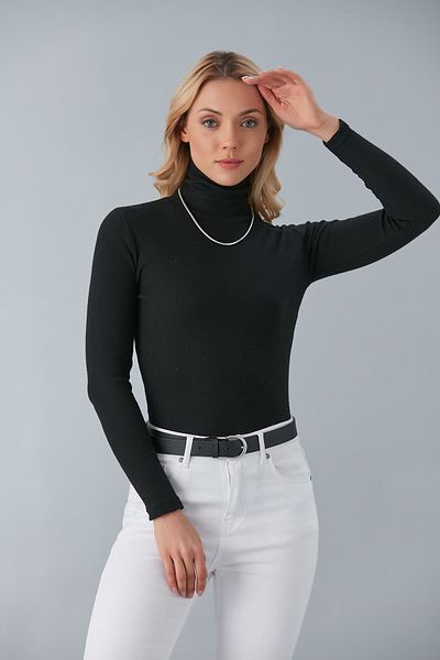 Cosy&Chic Pulover cu gât înalt din bumbac negru