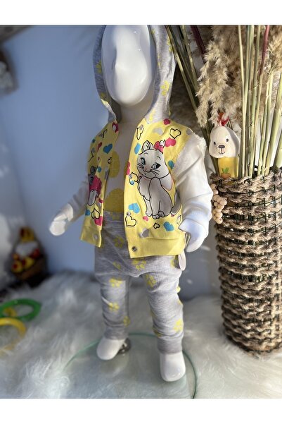 Aa Bebek Kız Bebek Kedili-Patili Kapüşonlu 3'Lü Takım