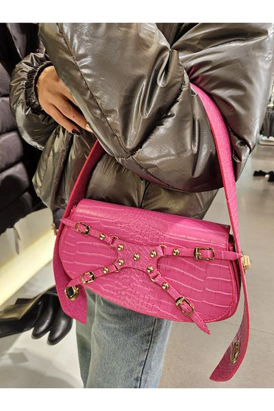 Mercan Stores Women's Pink Crocodile Textured Shoulder Bag with Adjustable Lock Strap