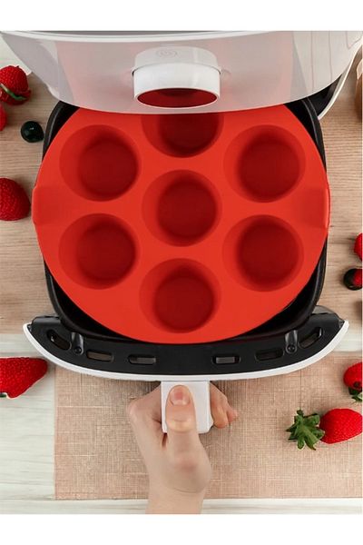 HOLLYHOME Airfryer Silicone 7 Compartment Muffin Baking Container Oven Cake Cupcake Mold 20x5 cm Red