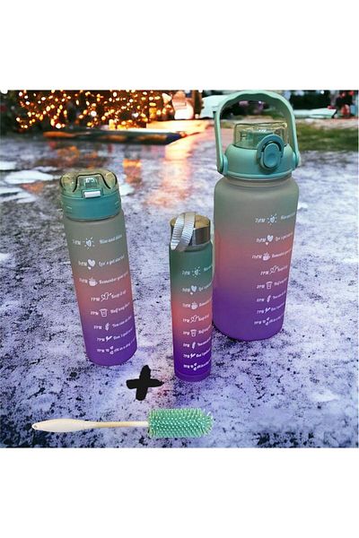 Holographic Motivational 3-Piece Water Bottle with Brush Gift Water Bottle 2lt+900ml+300ml Tritan Sports Water Bottle