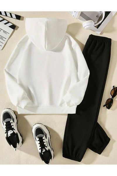 Renna Mood Hello Cats Printed Children's Sweatshirt and Sweatpants Set - Hooded Collar