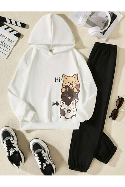 Renna Mood Hello Cats Printed Children's Sweatshirt and Sweatpants Set - Hooded Collar